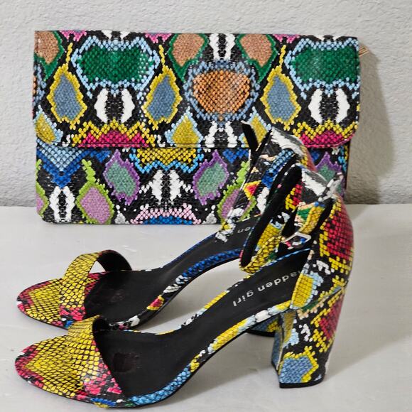 Madden Girl Heels & Purse Snake Print Blue/Multi color Size 9 Block Heel 3.5 in. - Picture 1 of 13